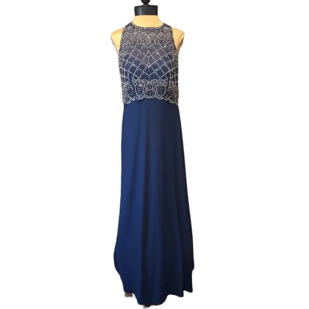 Cachet Embellished Navy Blue Long Dress Gown Size 10